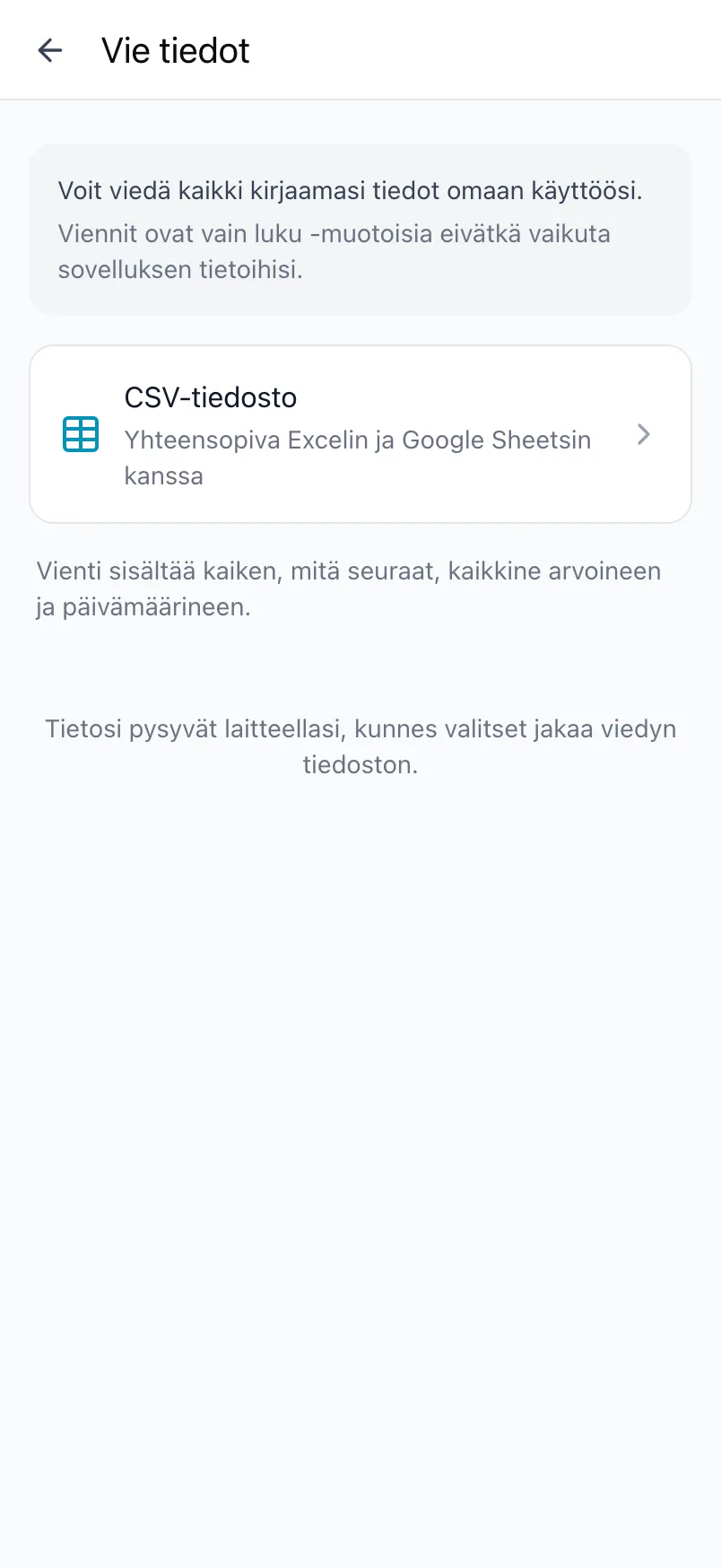 Loggrin Vie tiedot -näkymä, jossa on CSV-tiedosto-vaihtoehto