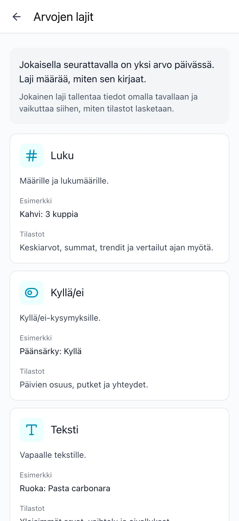 Loggrin Arvojen lajit -näkymä, joka selittää jokaisen lajin