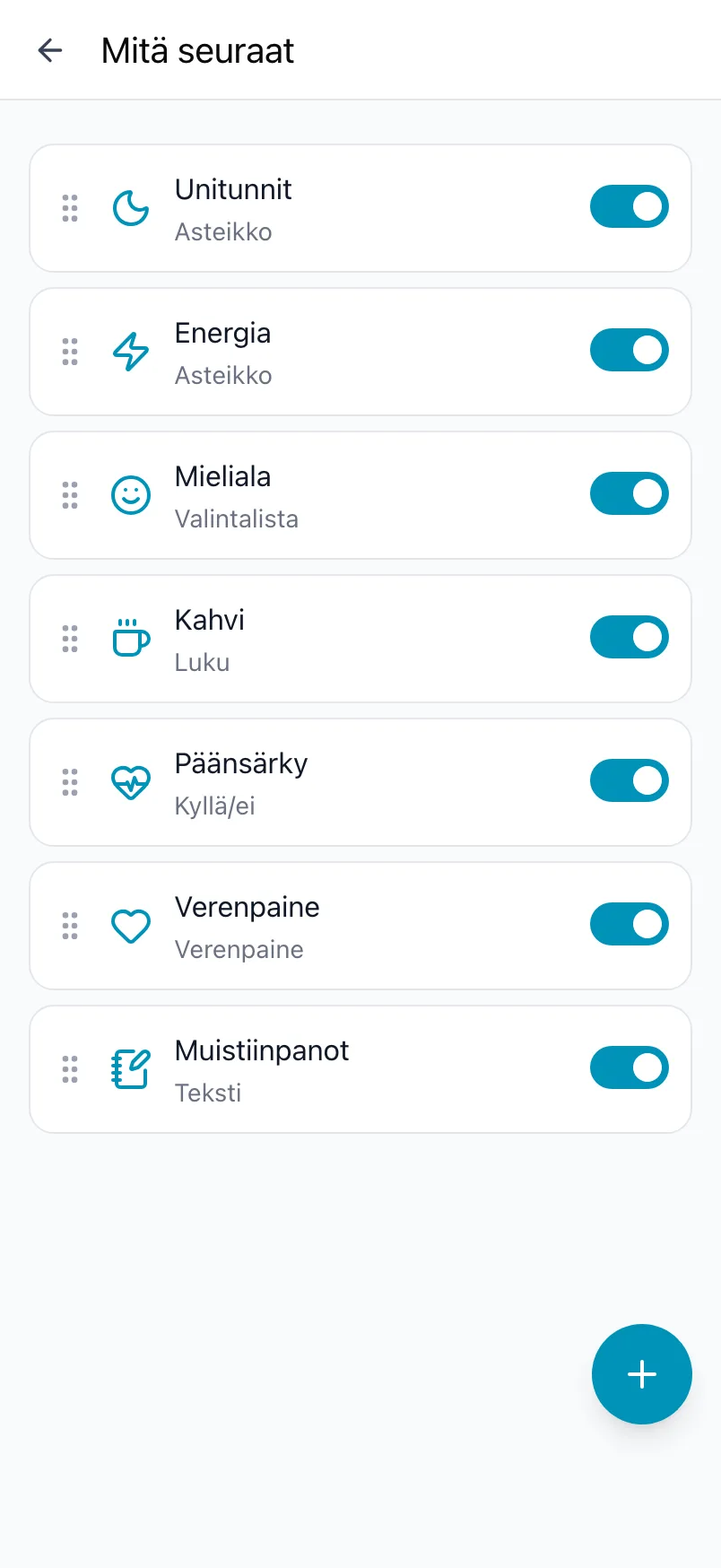 Loggrin Mitä seuraat -näkymä, jossa on seitsemän seurattavaa, niiden kytkimet ja +-painike
