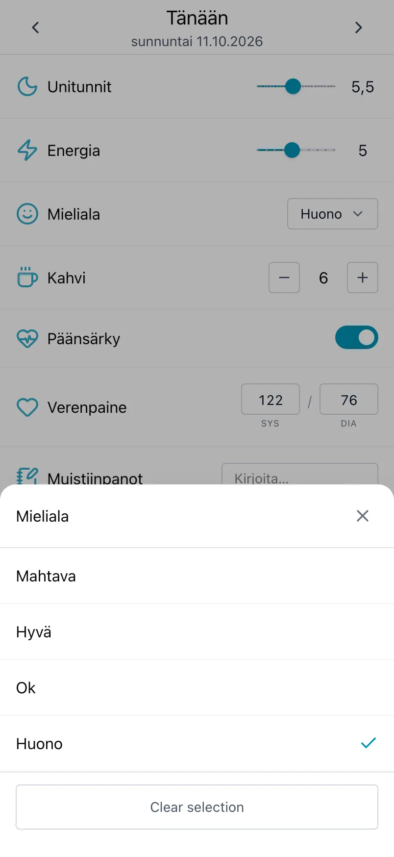 Mielialasta avattu mielialojen lista, jossa tämän päivän valinta on merkitty