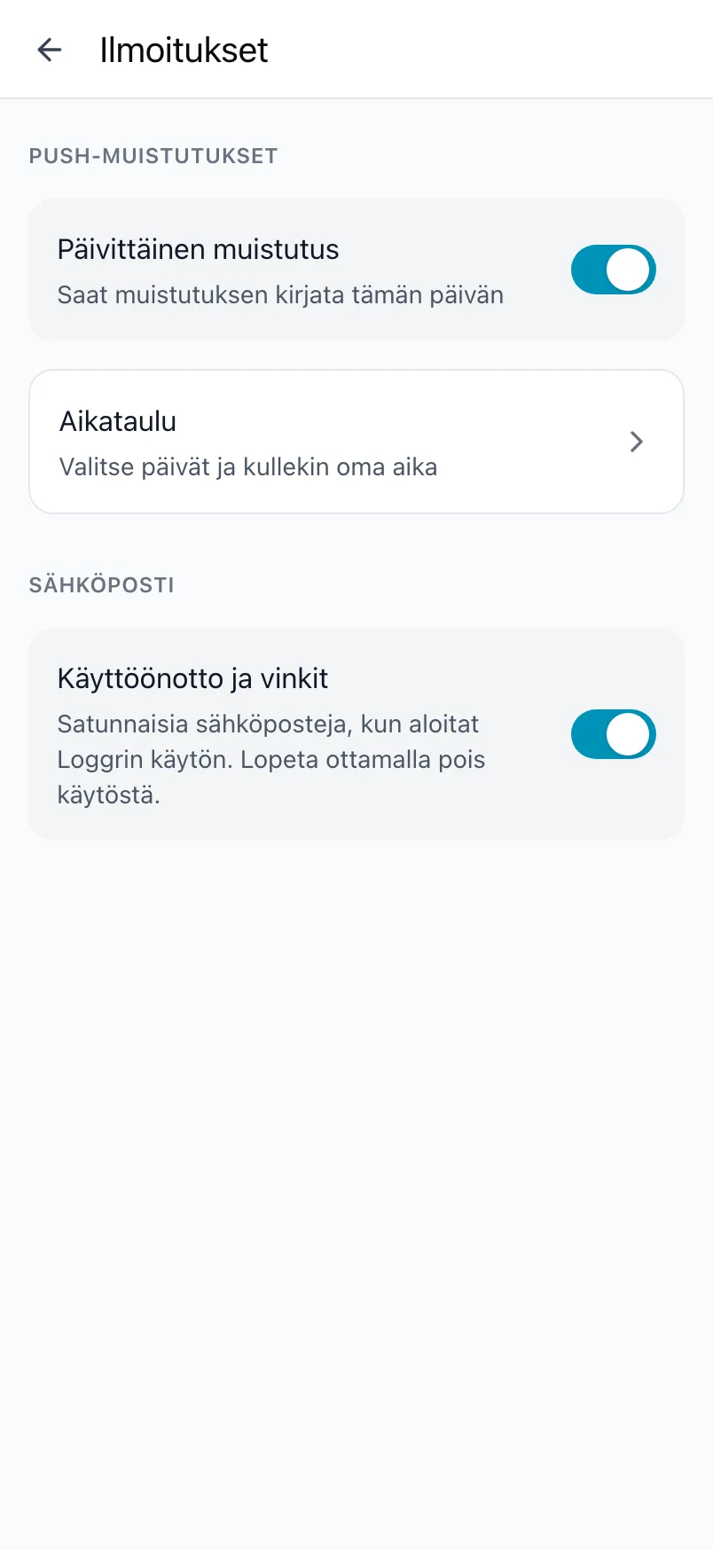 Loggrin Ilmoitukset-näkymä, jossa on Päivittäinen muistutus, aikataulu ja sähköpostiasetus