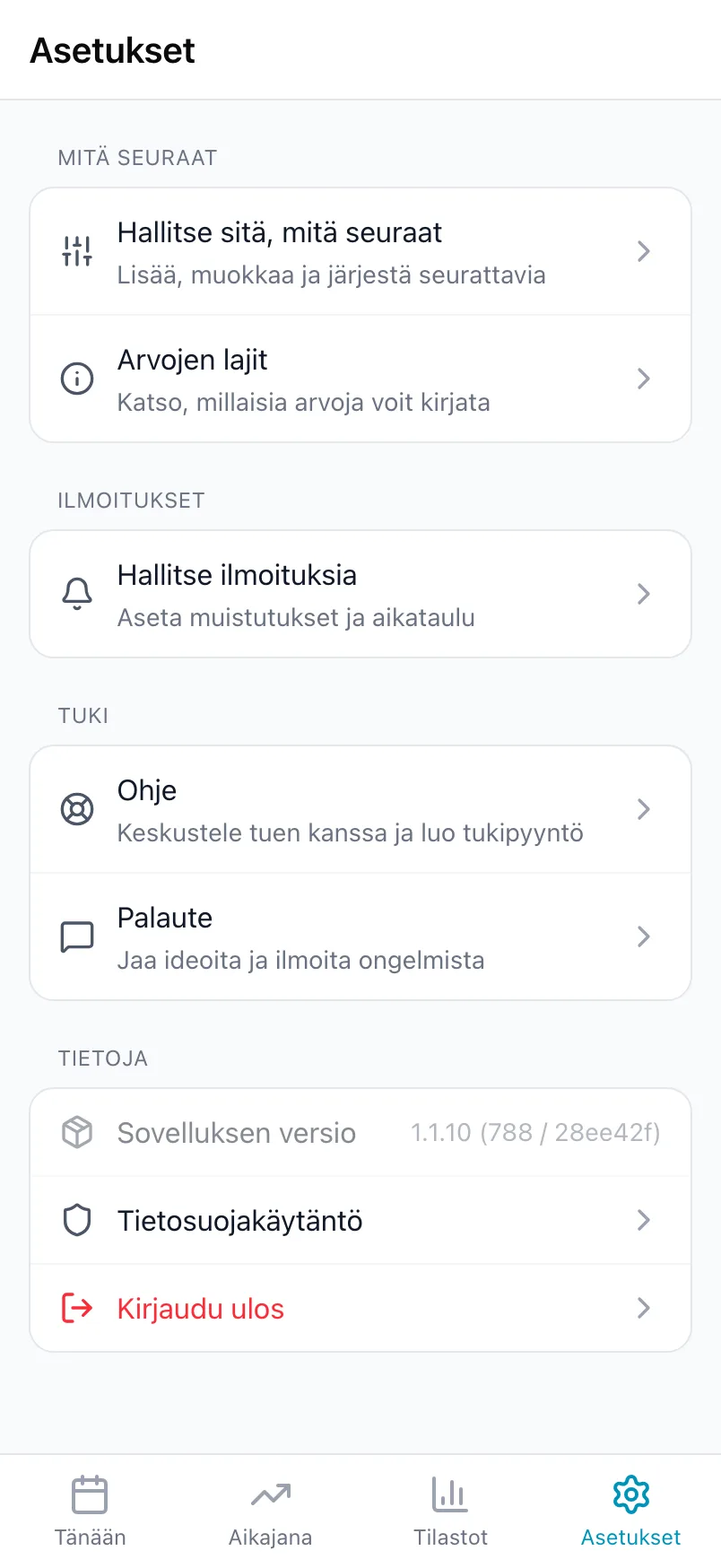 Asetusten alaosa, jossa on Mitä seuraat, Ilmoitukset, Tuki ja Tietoja