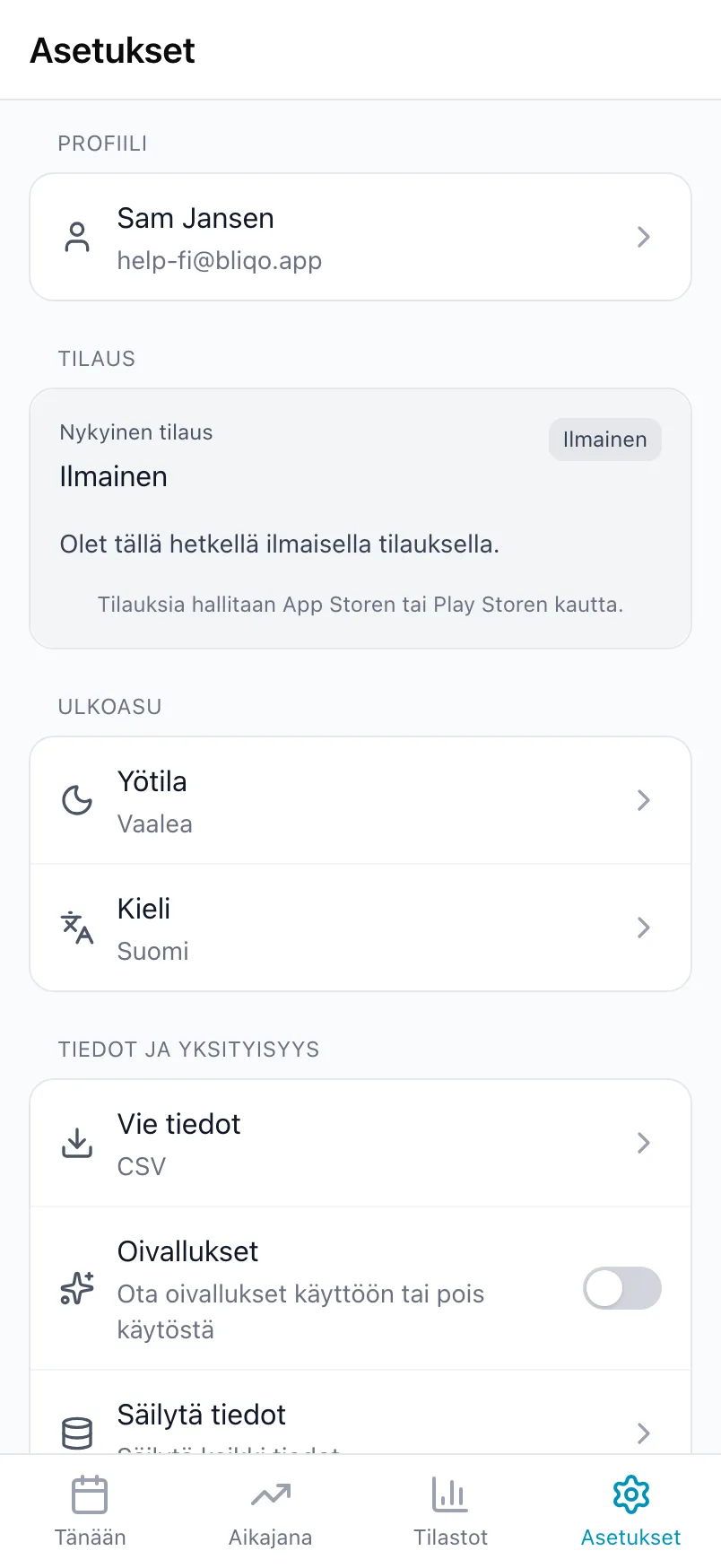 Loggrin Asetukset, joissa Tilaus-kortti näyttää nykyisen tilauksen