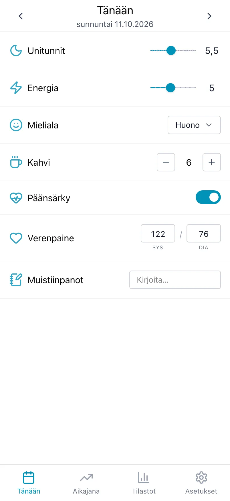 Loggrin Tänään-näkymä, jossa on unitunnit, energia, mieliala, kahvi, päänsärky, verenpaine ja muistiinpanot