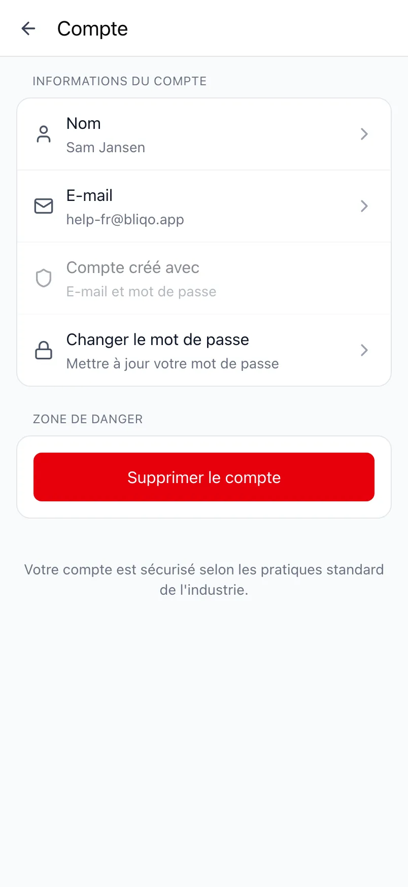 L'écran Compte dans Loggr avec les informations du compte et la Zone de danger
