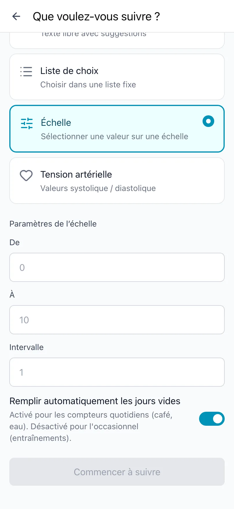 Que voulez-vous suivre ? avec le genre Échelle choisi et les réglages De, À et Intervalle