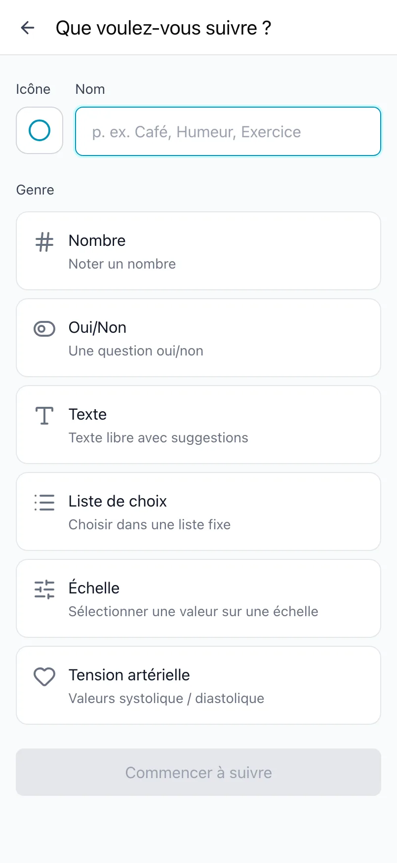 Que voulez-vous suivre ? avec l'icône, le nom et les genres