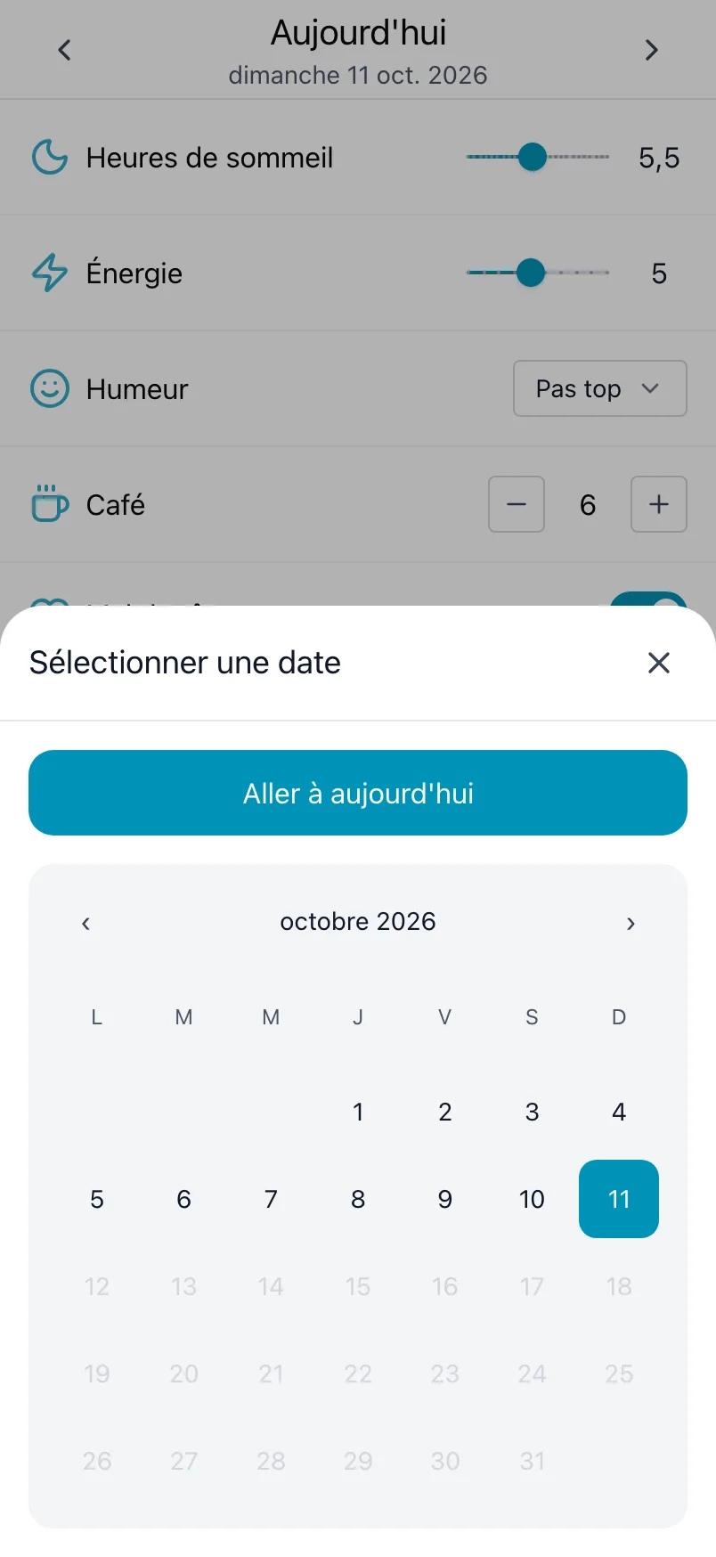 Sélectionner une date, avec un calendrier du mois et Aller à aujourd'hui