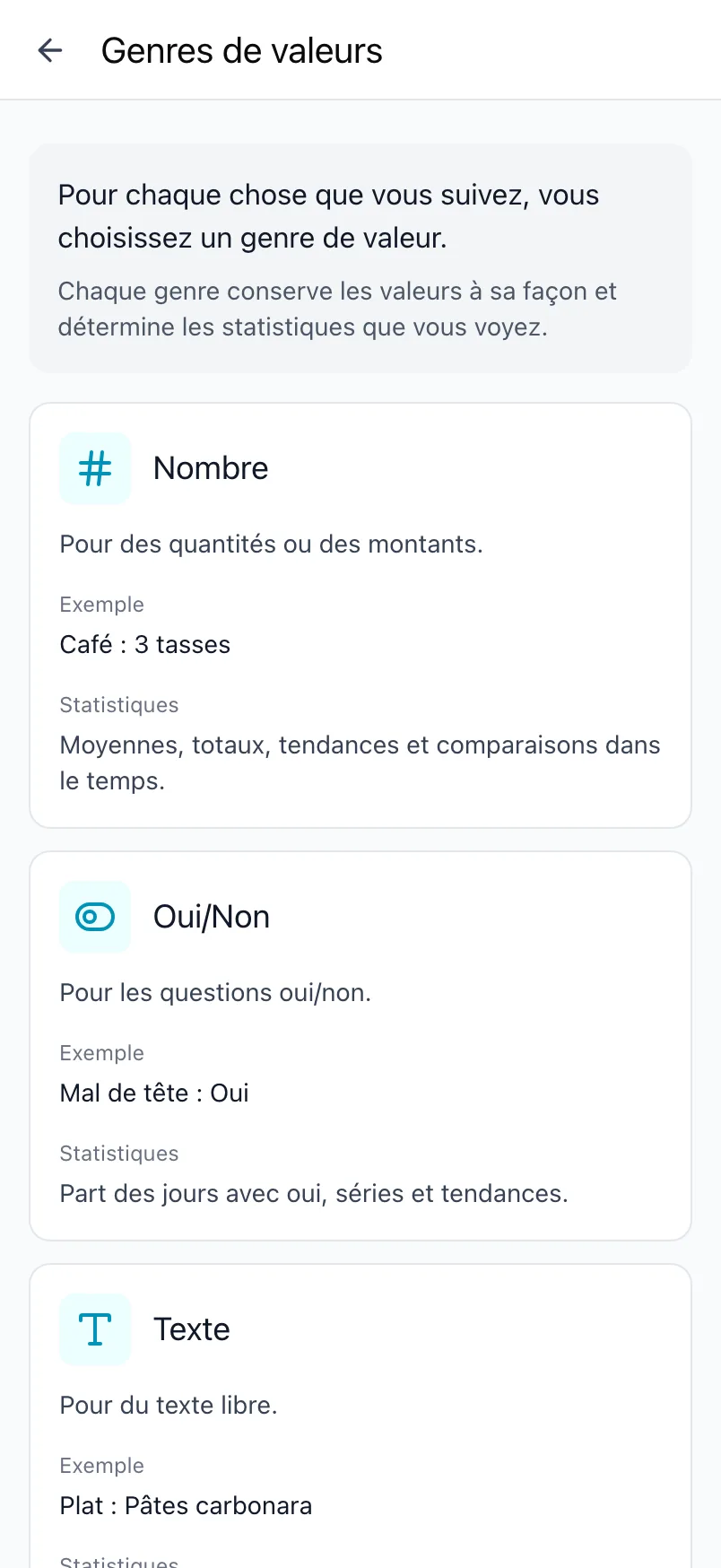 L'écran Genres de valeurs dans Loggr, qui explique chaque genre