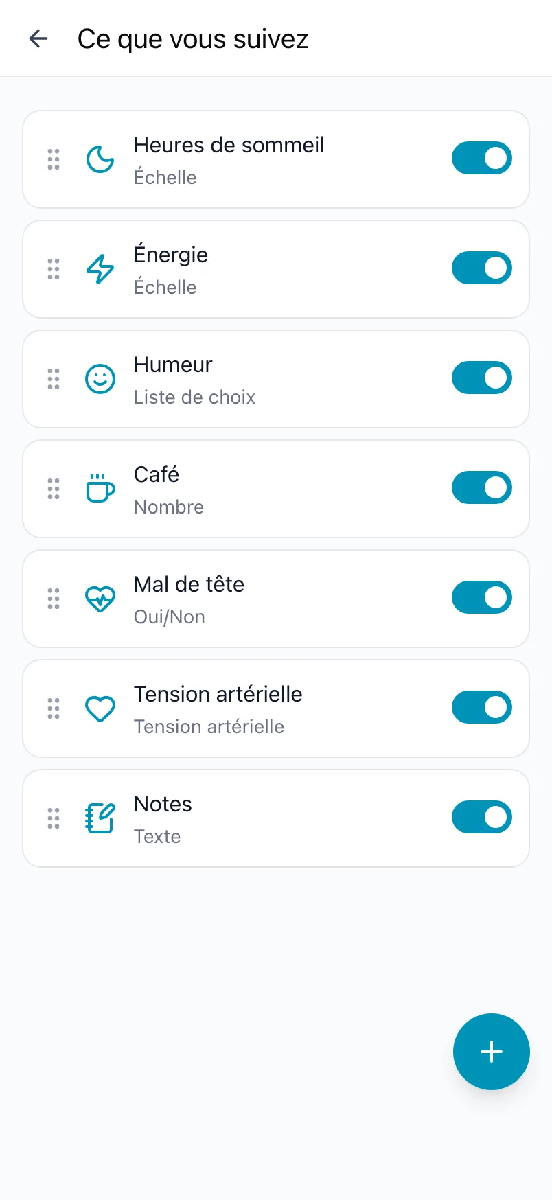Ce que vous suivez dans Loggr, avec sept suivis, leurs interrupteurs et le bouton +