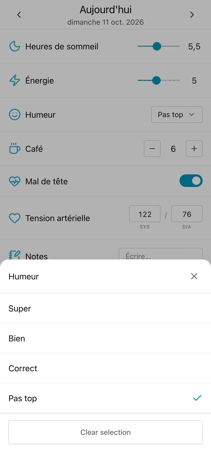 La liste des humeurs ouverte depuis Humeur, avec le choix du jour coché