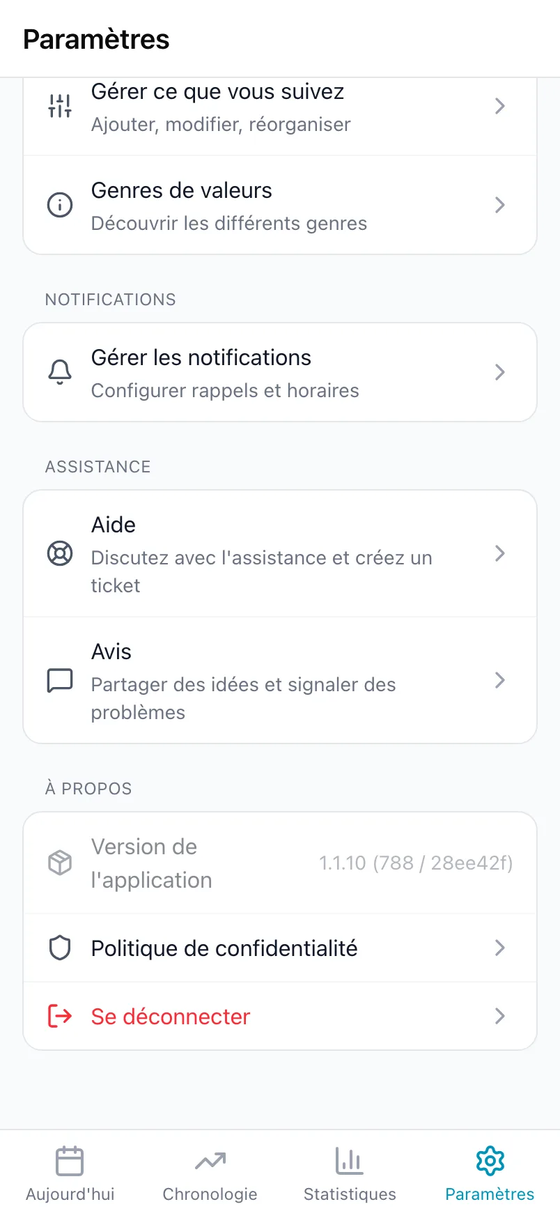 Le bas des Paramètres avec Ce que vous suivez, Notifications, Assistance et À propos
