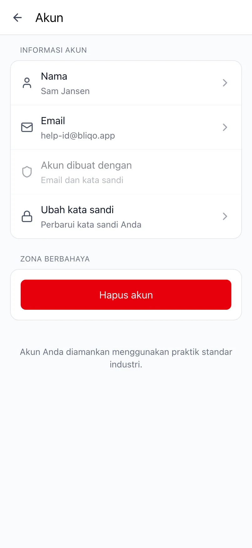 Layar Akun di Loggr dengan Informasi akun dan Zona berbahaya