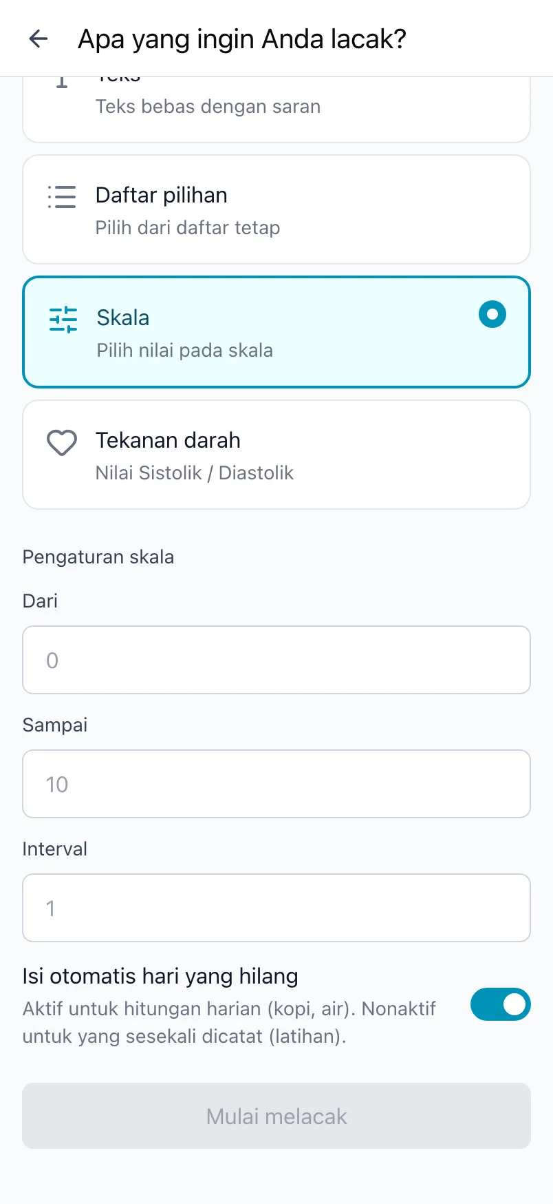 Apa yang ingin Anda lacak? dengan jenis Skala dipilih dan pengaturan Dari, Sampai, dan Interval