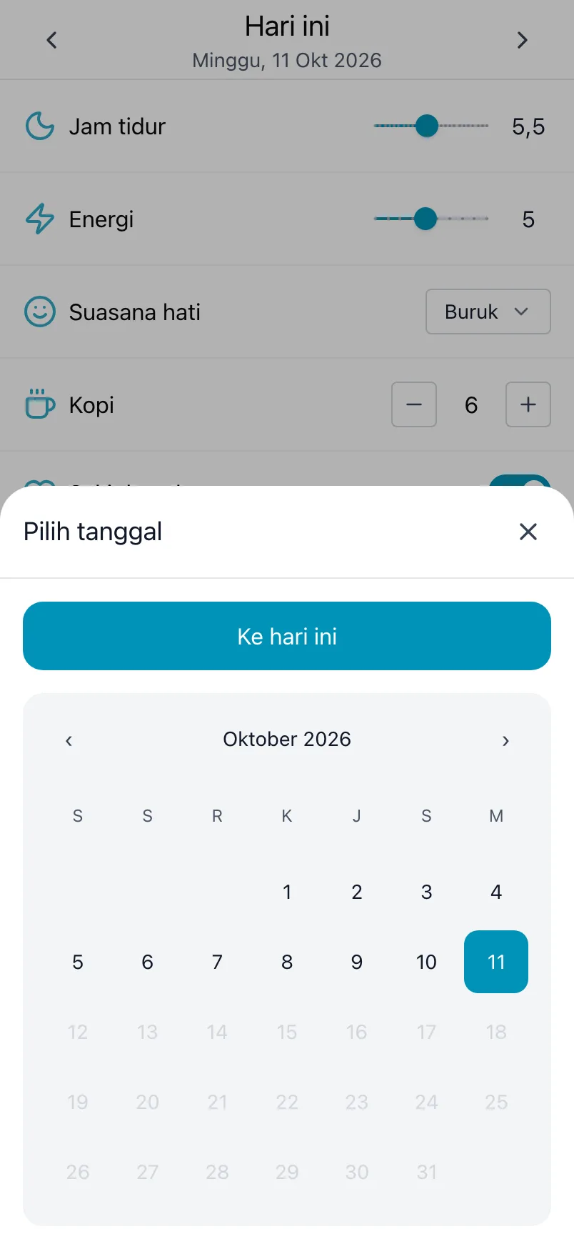 Pilih tanggal, dengan kalender bulan ini dan Ke hari ini