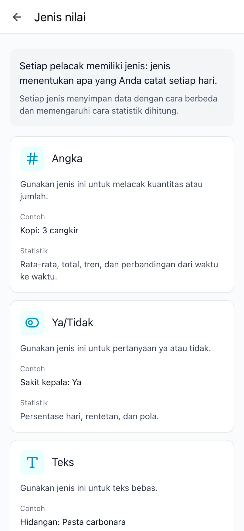 Layar Jenis nilai di Loggr yang menjelaskan setiap jenis