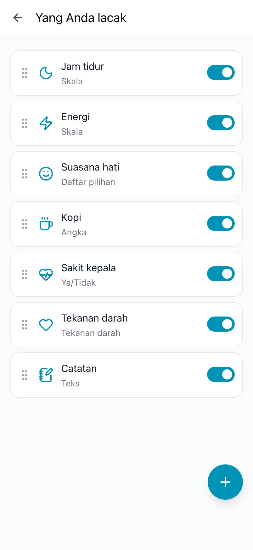 Yang Anda lacak di Loggr, dengan tujuh pelacak, sakelarnya, dan tombol +