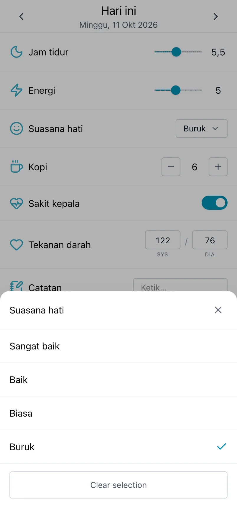 Daftar suasana hati yang dibuka dari Suasana hati, dengan pilihan hari ini dicentang