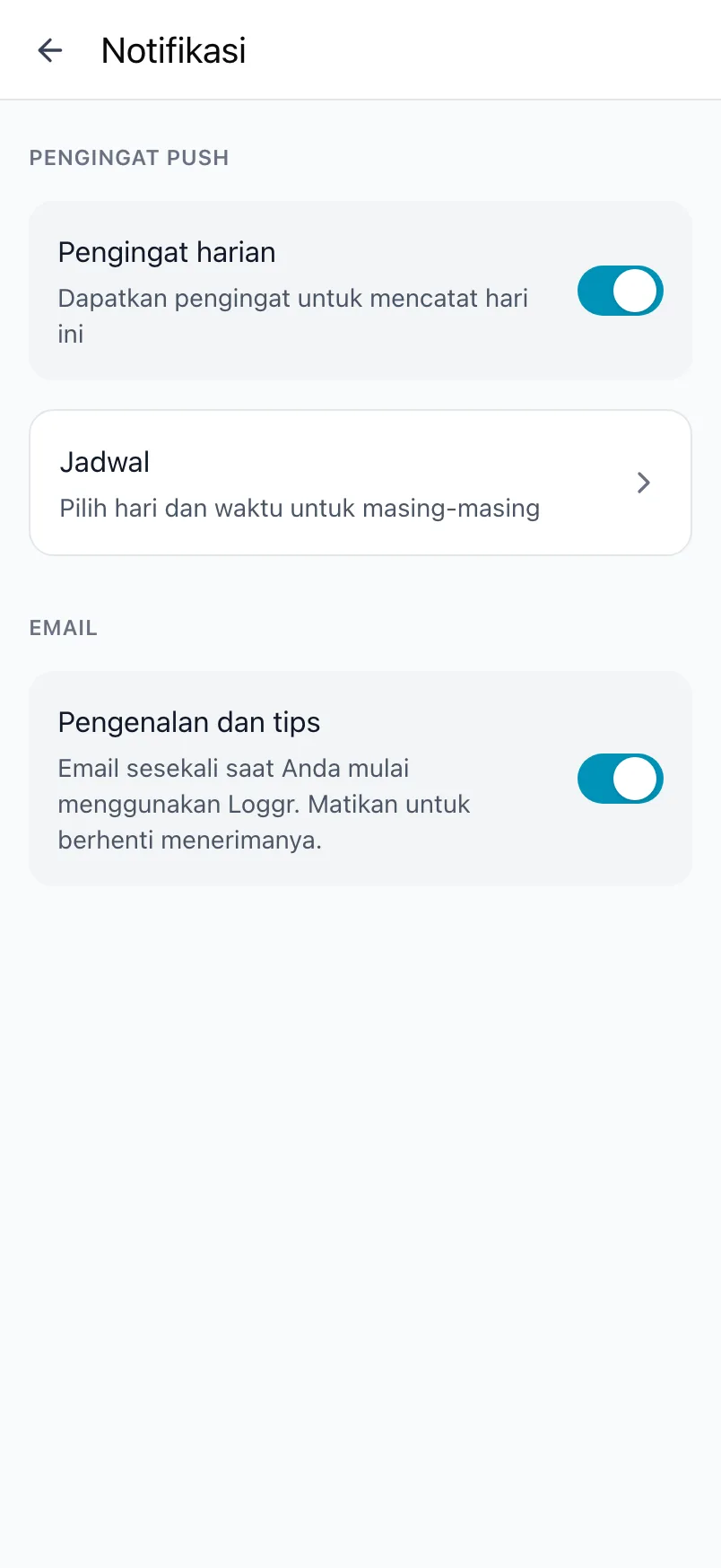 Layar Notifikasi di Loggr dengan Pengingat harian, jadwal, dan pengaturan email