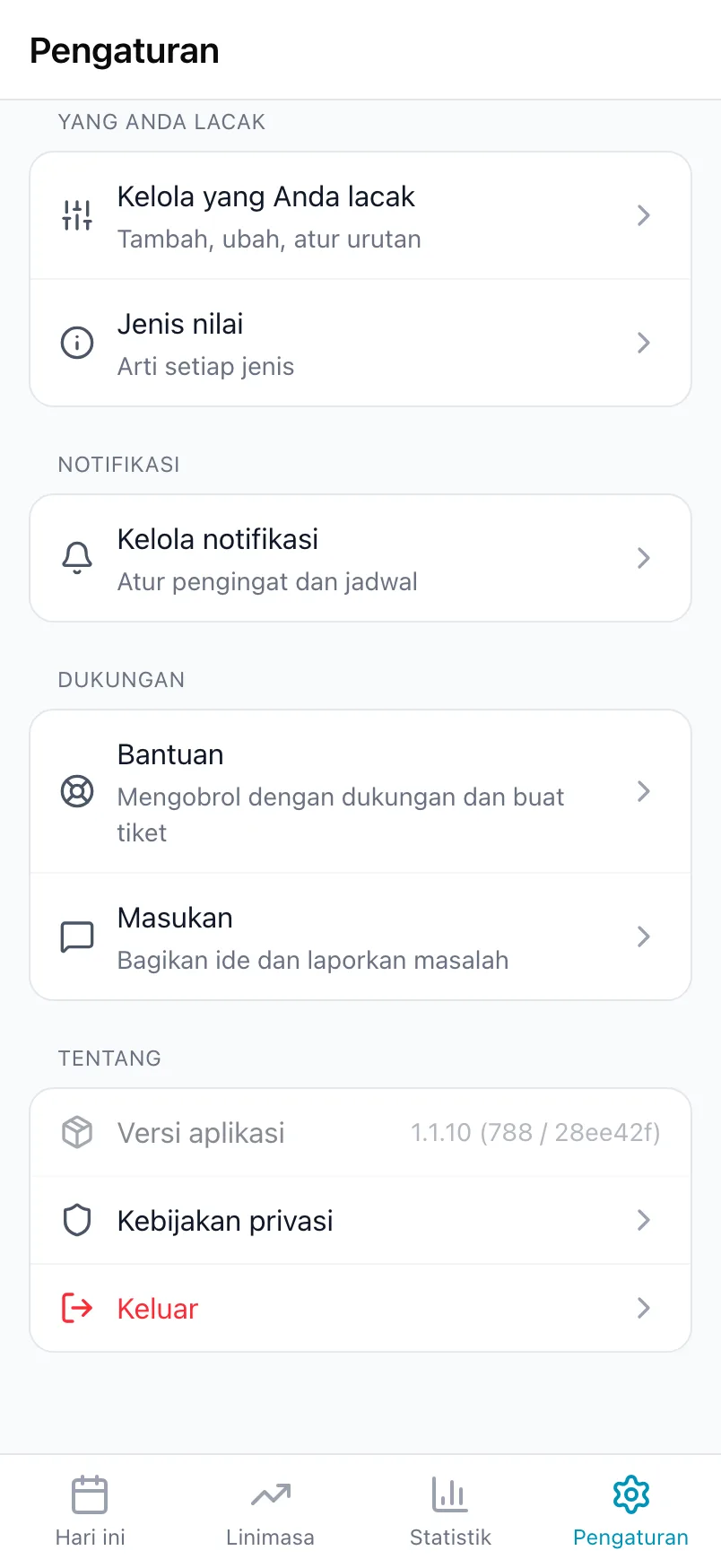 Bagian bawah Pengaturan dengan Yang Anda lacak, Notifikasi, Dukungan, dan Tentang