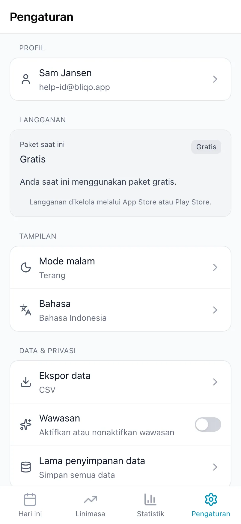 Tab Pengaturan di Loggr dengan Profil, Langganan, Tampilan, serta Data & privasi