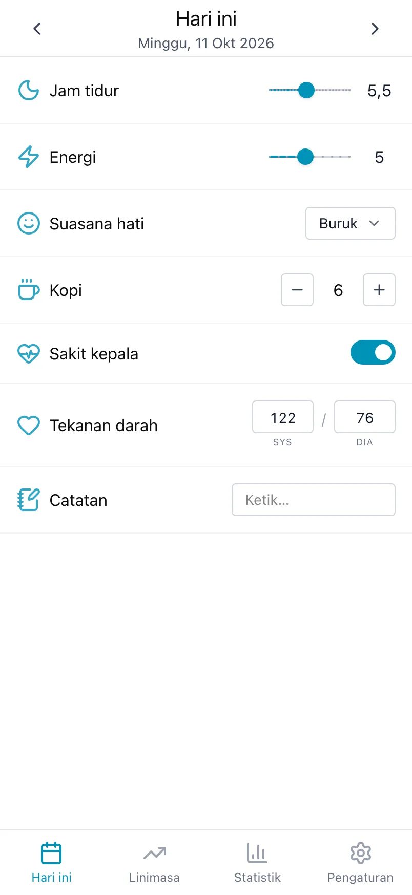 Layar Hari ini di Loggr dengan jam tidur, energi, suasana hati, kopi, sakit kepala, tekanan darah, dan catatan