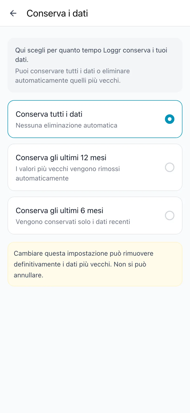 Conserva i dati, con Conserva tutti i dati, Conserva gli ultimi 12 mesi e Conserva gli ultimi 6 mesi