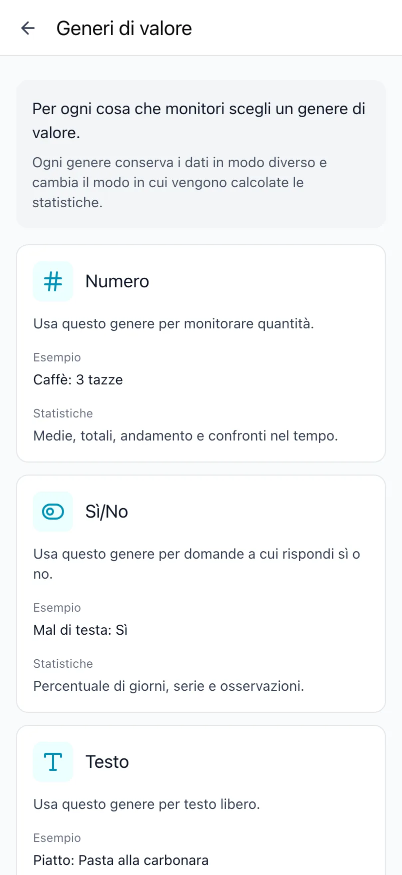 La schermata Generi di valore in Loggr, che spiega ogni genere
