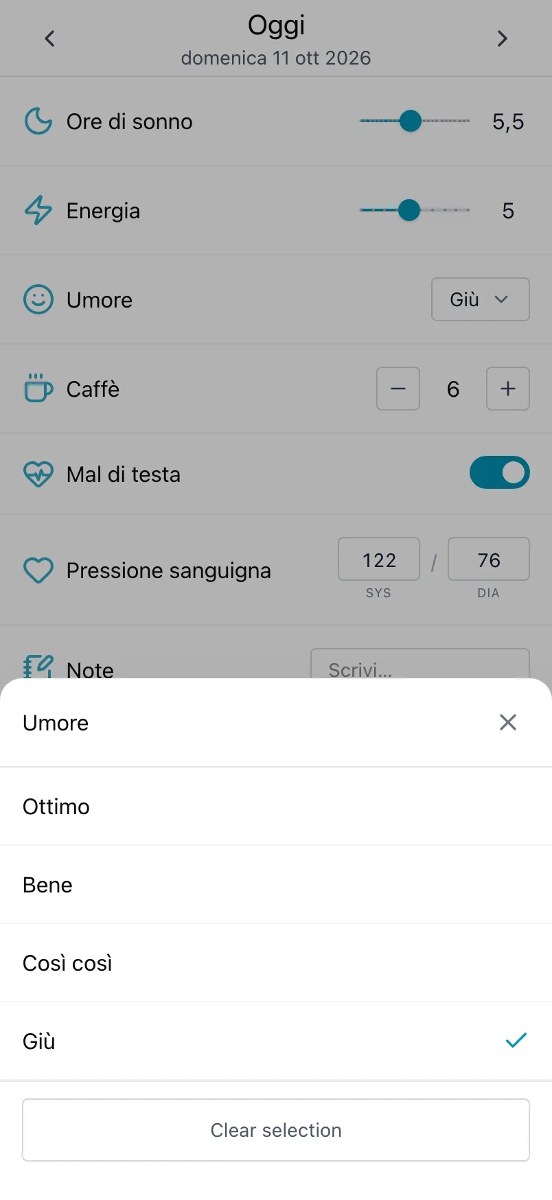 L'elenco degli umori aperto da Umore, con la scelta di oggi spuntata