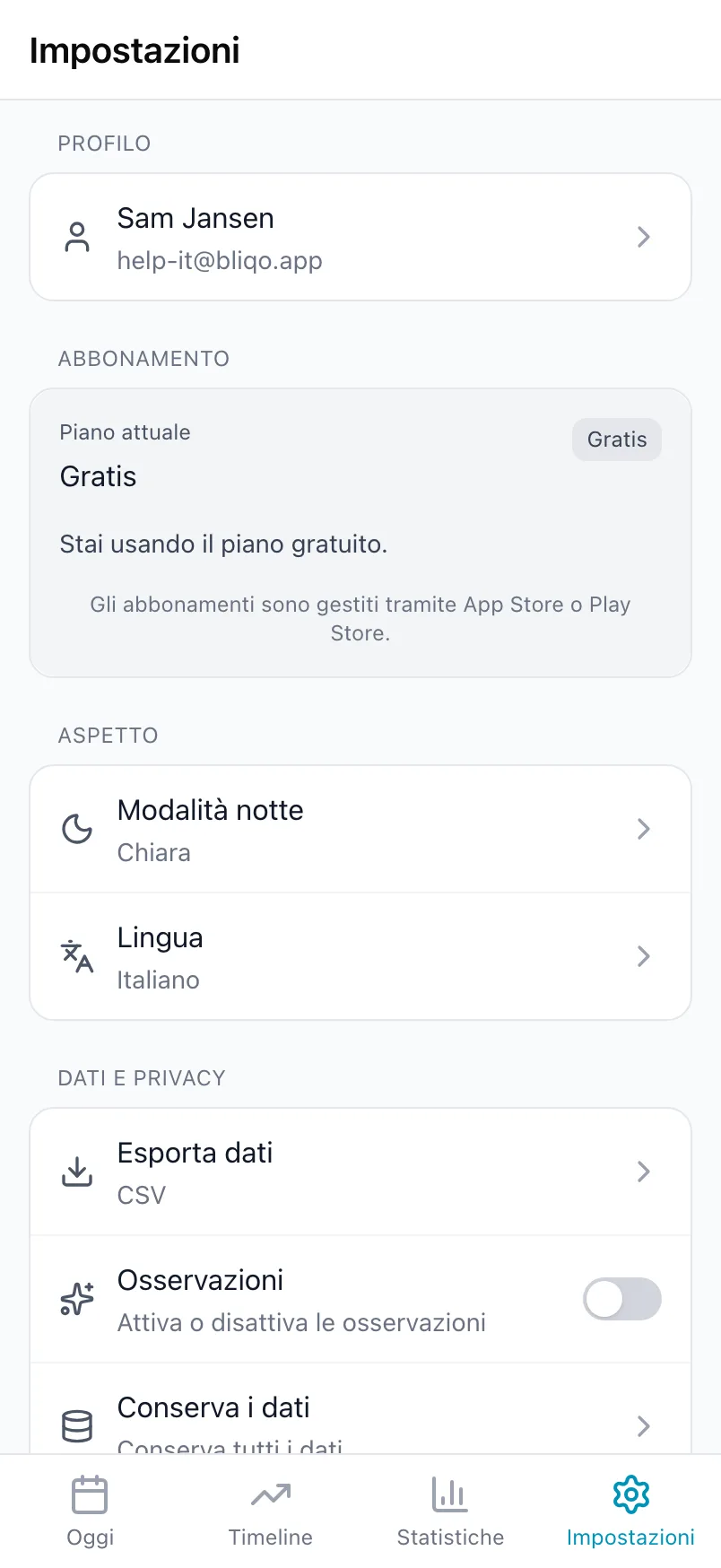 Impostazioni in Loggr con il riquadro Abbonamento che mostra il piano attuale