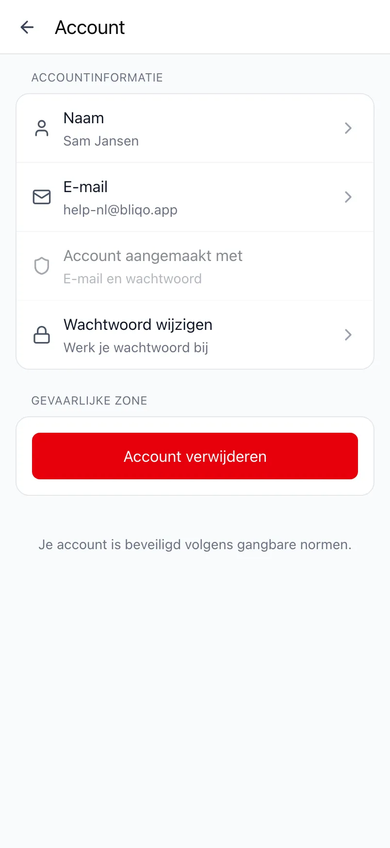 Het scherm Account in Loggr met de accountinformatie en de Gevaarlijke zone