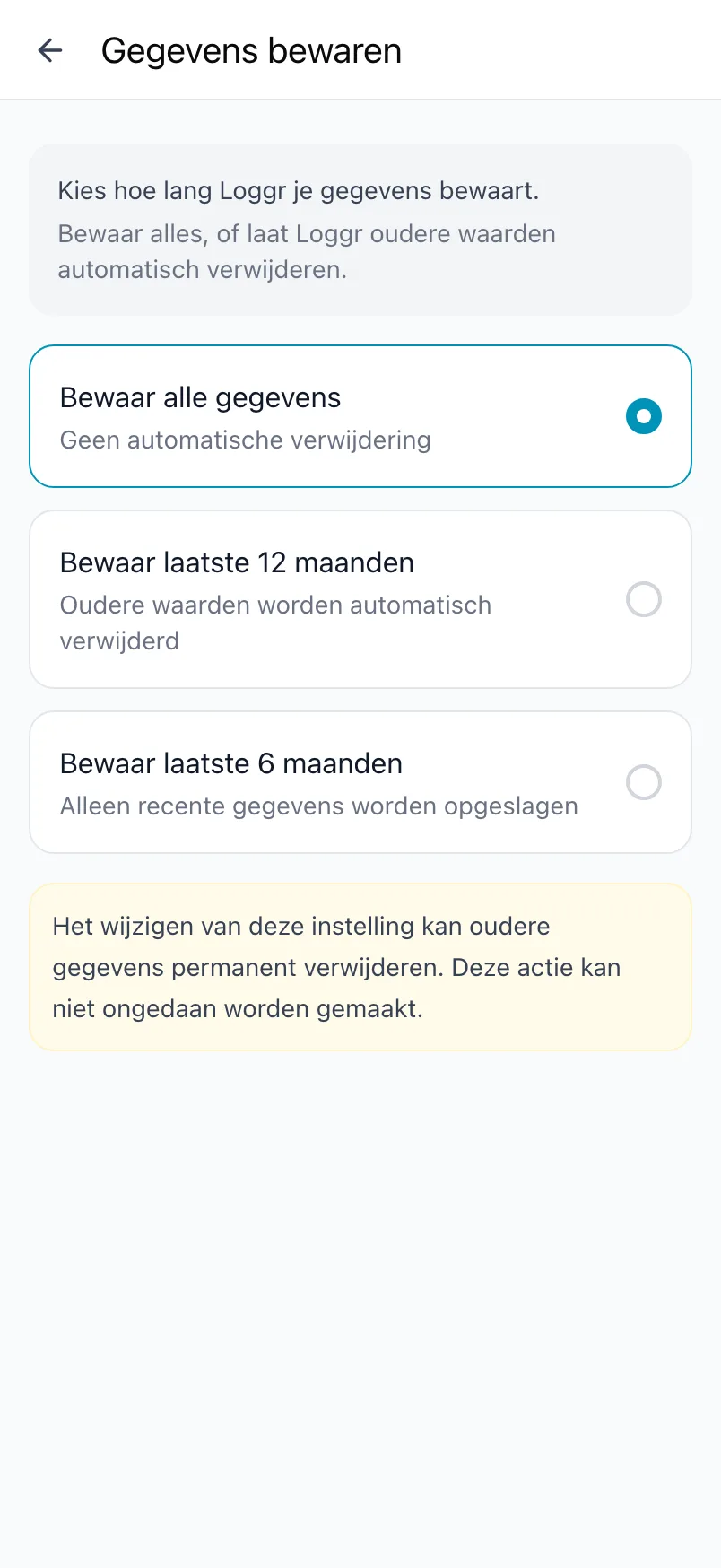 Gegevens bewaren, met Bewaar alle gegevens, Bewaar laatste 12 maanden en Bewaar laatste 6 maanden