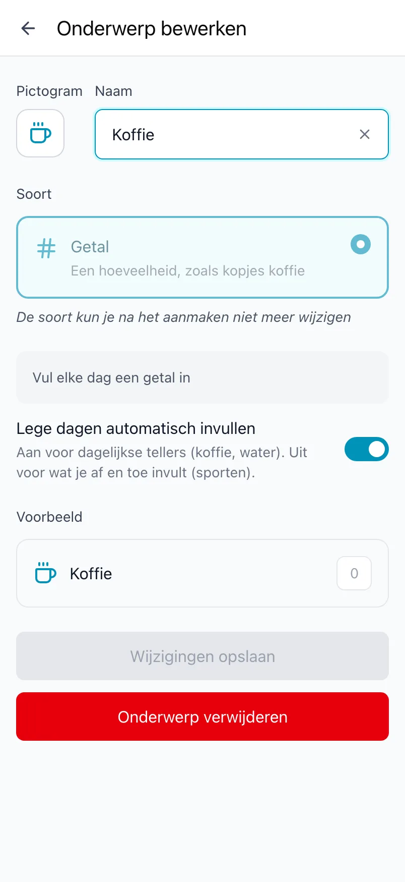 Onderwerp bewerken voor Koffie, met de vaste soort en de schakelaar Lege dagen automatisch invullen