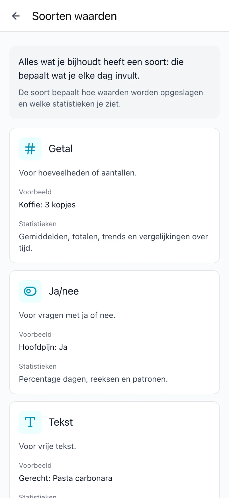 Het scherm Soorten waarden in Loggr, met uitleg bij elke soort