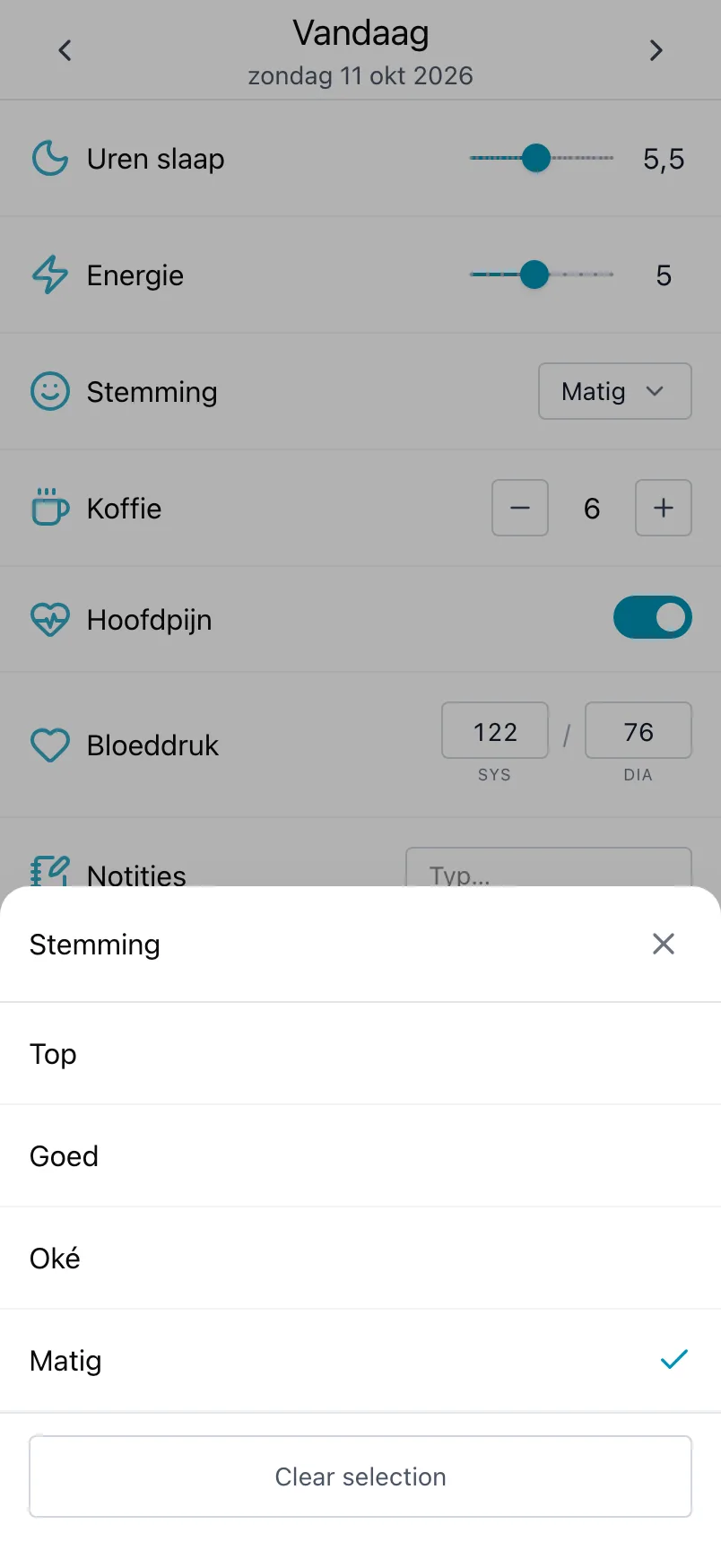De lijst met stemmingen geopend vanuit Stemming, met de keuze van vandaag aangevinkt
