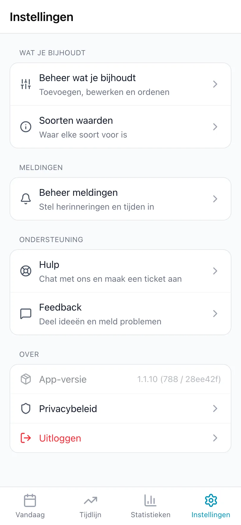 Het onderste deel van Instellingen met Wat je bijhoudt, Meldingen, Ondersteuning en Over