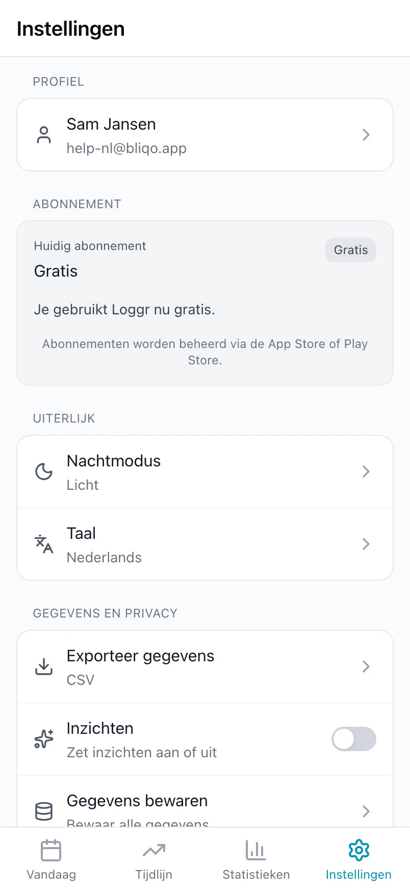 Instellingen in Loggr met de kaart Abonnement en het huidige abonnement