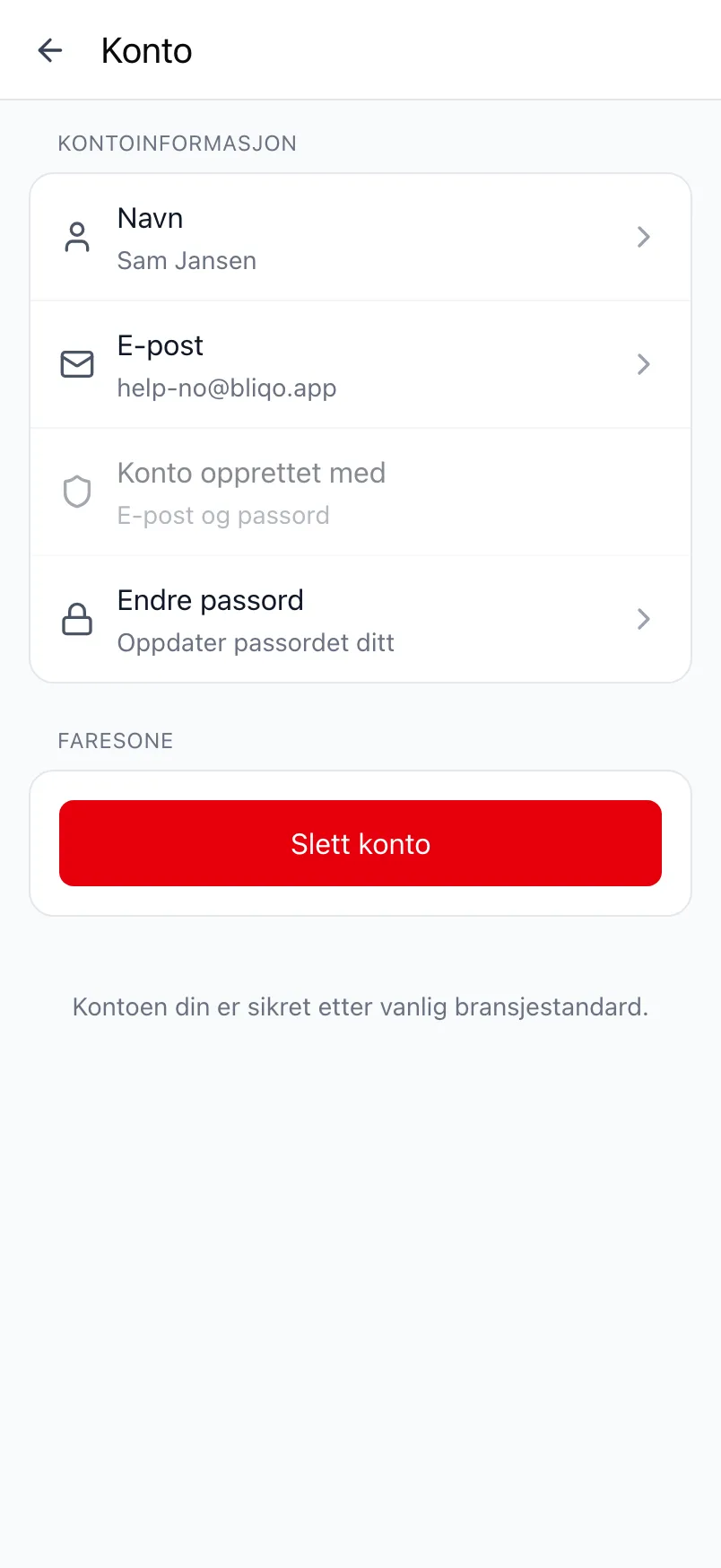Skjermen Konto i Loggr med kontoinformasjonen og Faresone