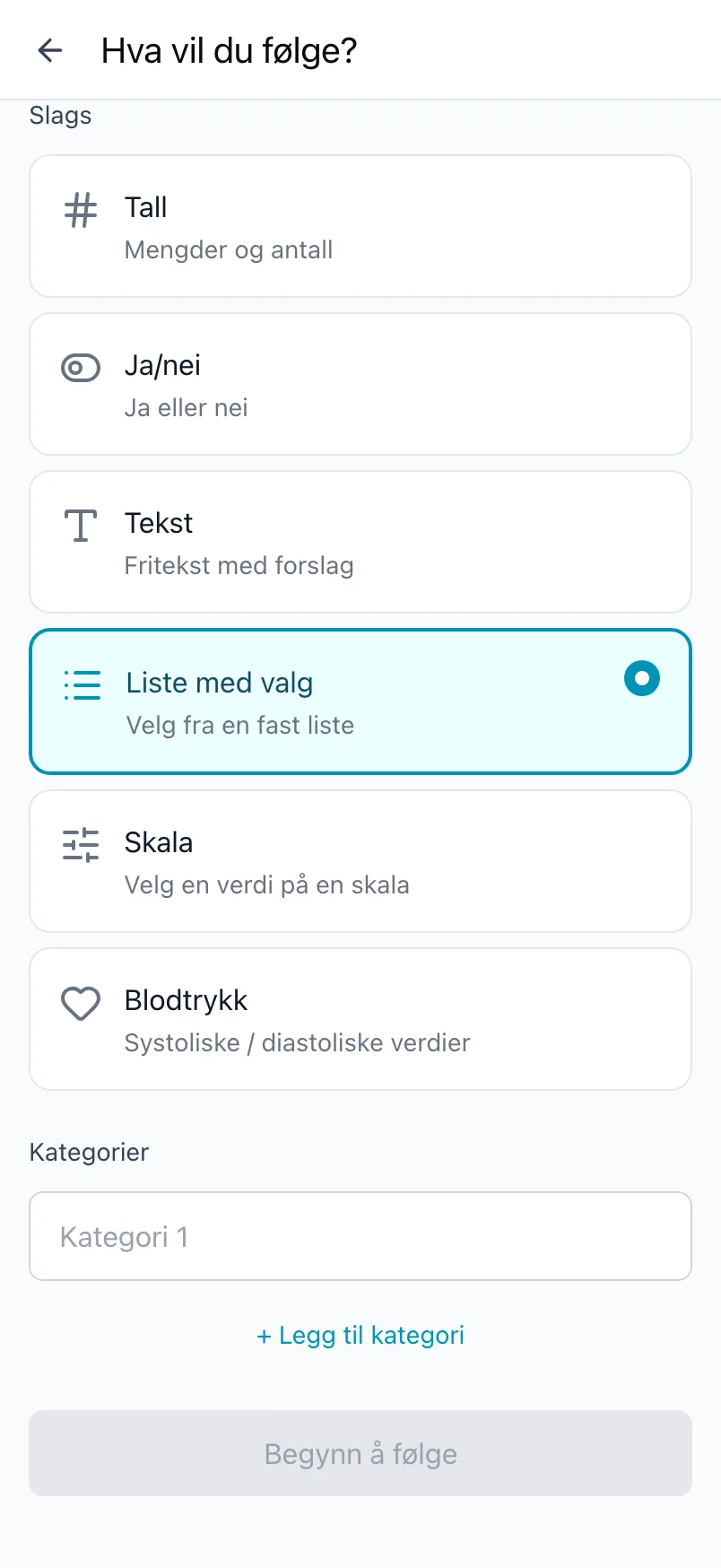 Hva vil du følge? med Liste med valg valgt og en liste med kategorier