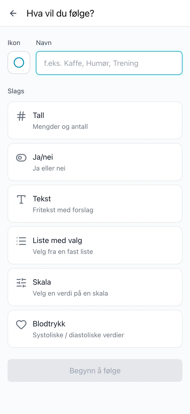 Skjermen Hva vil du følge? med ikonet, navnet og de seks slags verdier