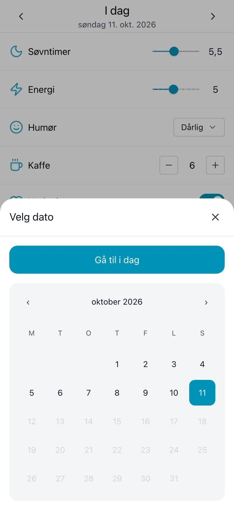 Velg dato, med en kalender over måneden og Gå til i dag