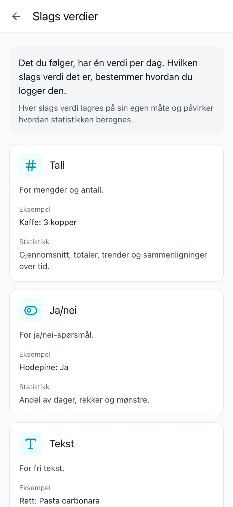 Skjermen Slags verdier i Loggr, som forklarer hver slags