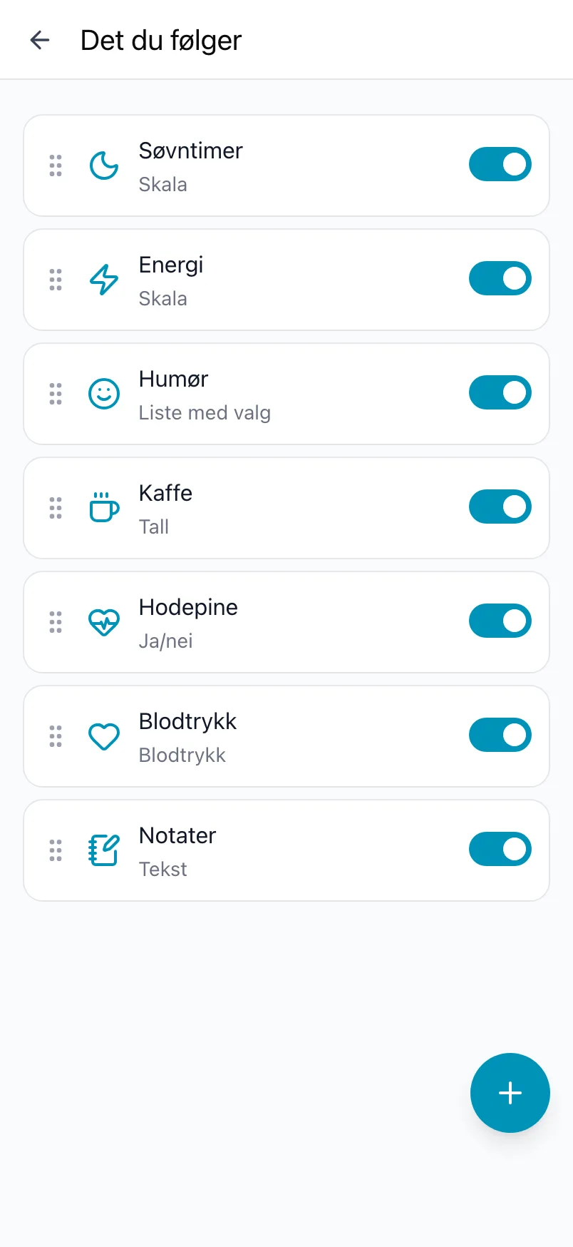 Det du følger i Loggr, med sju emner, bryterne deres og knappen +