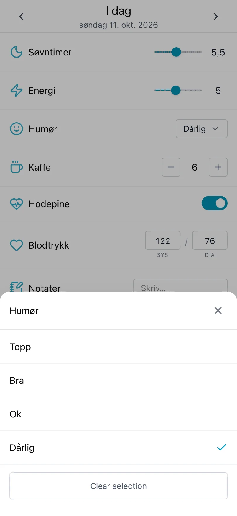 Listen over humør åpnet fra Humør, med dagens valg avkrysset