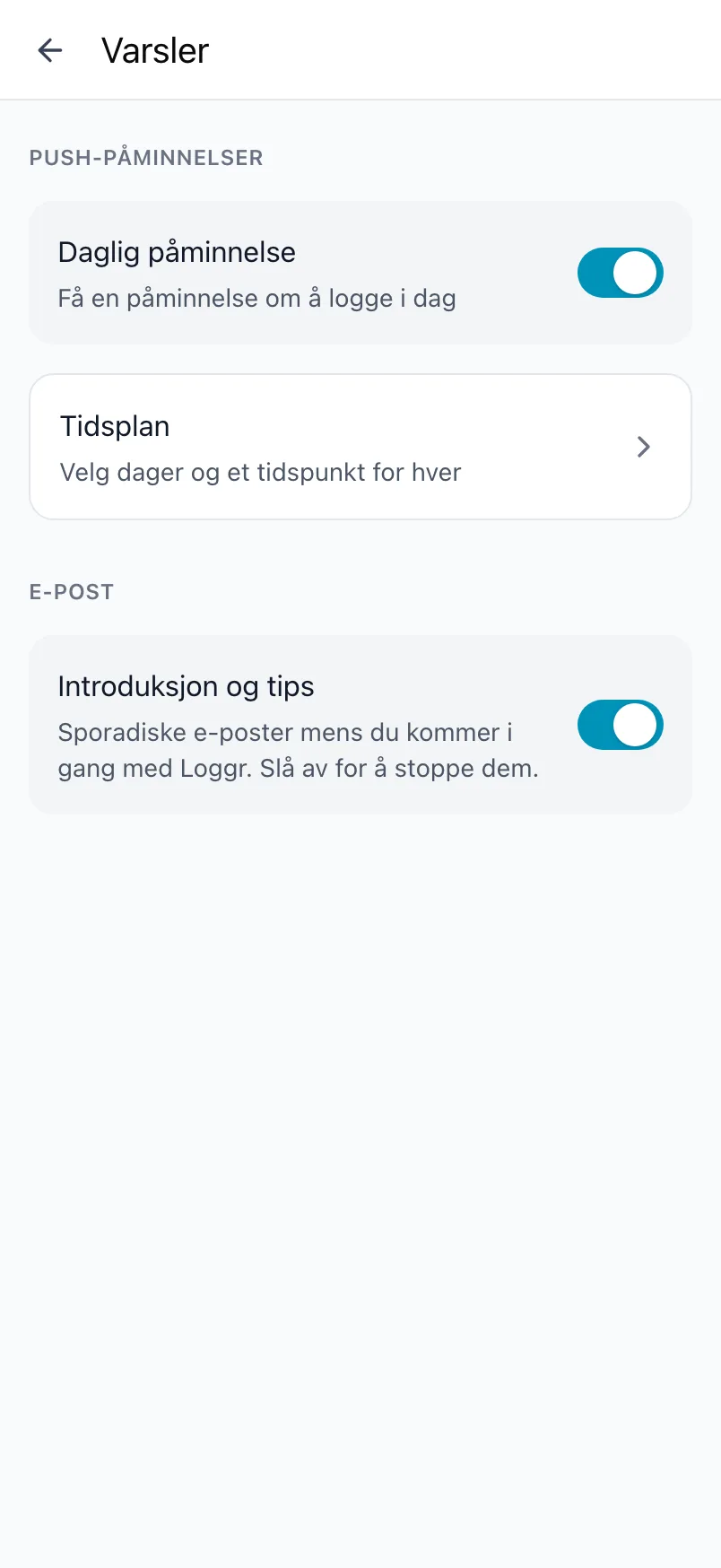 Skjermen Varsler i Loggr med Daglig påminnelse, tidsplanen og e-postinnstillingen