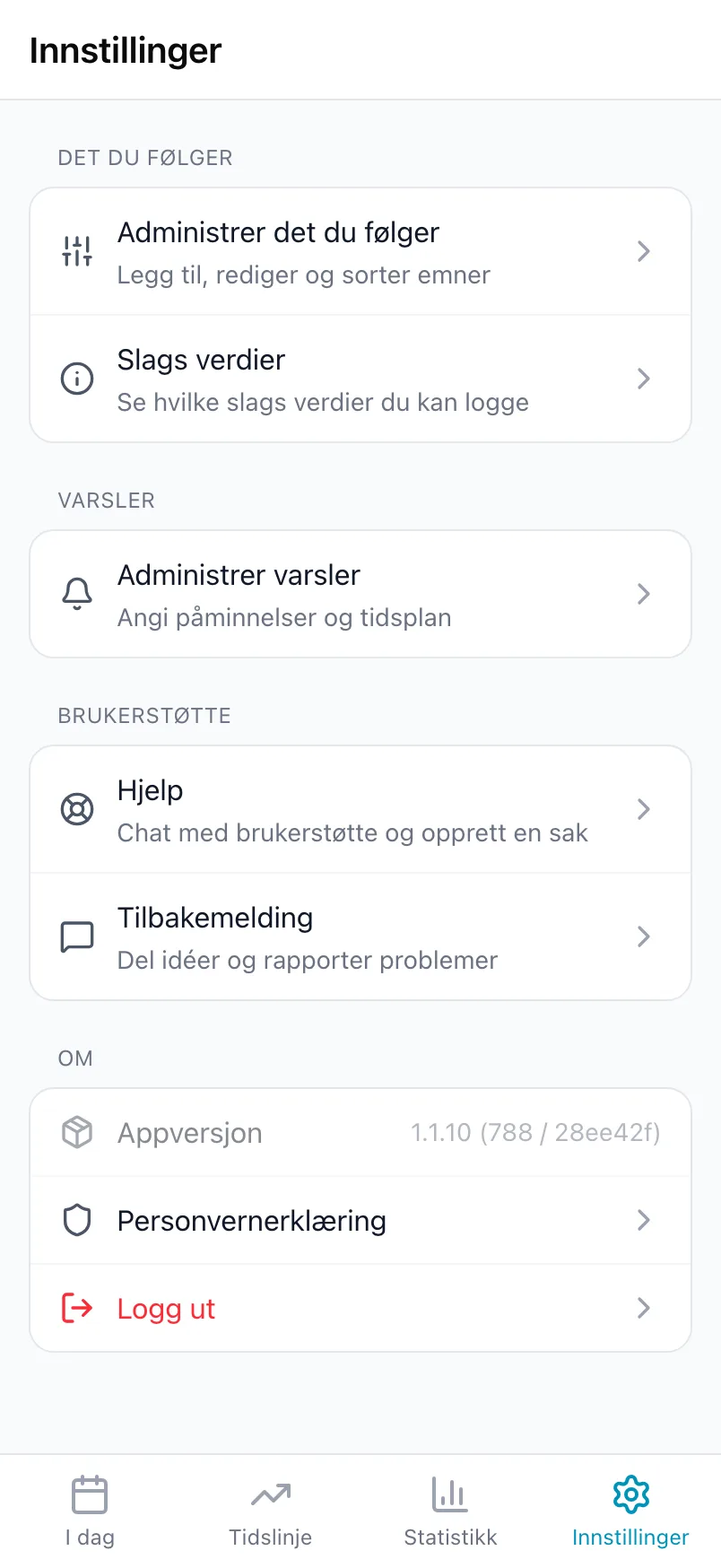 Den nederste delen av Innstillinger med Det du følger, Varsler, Brukerstøtte og Om