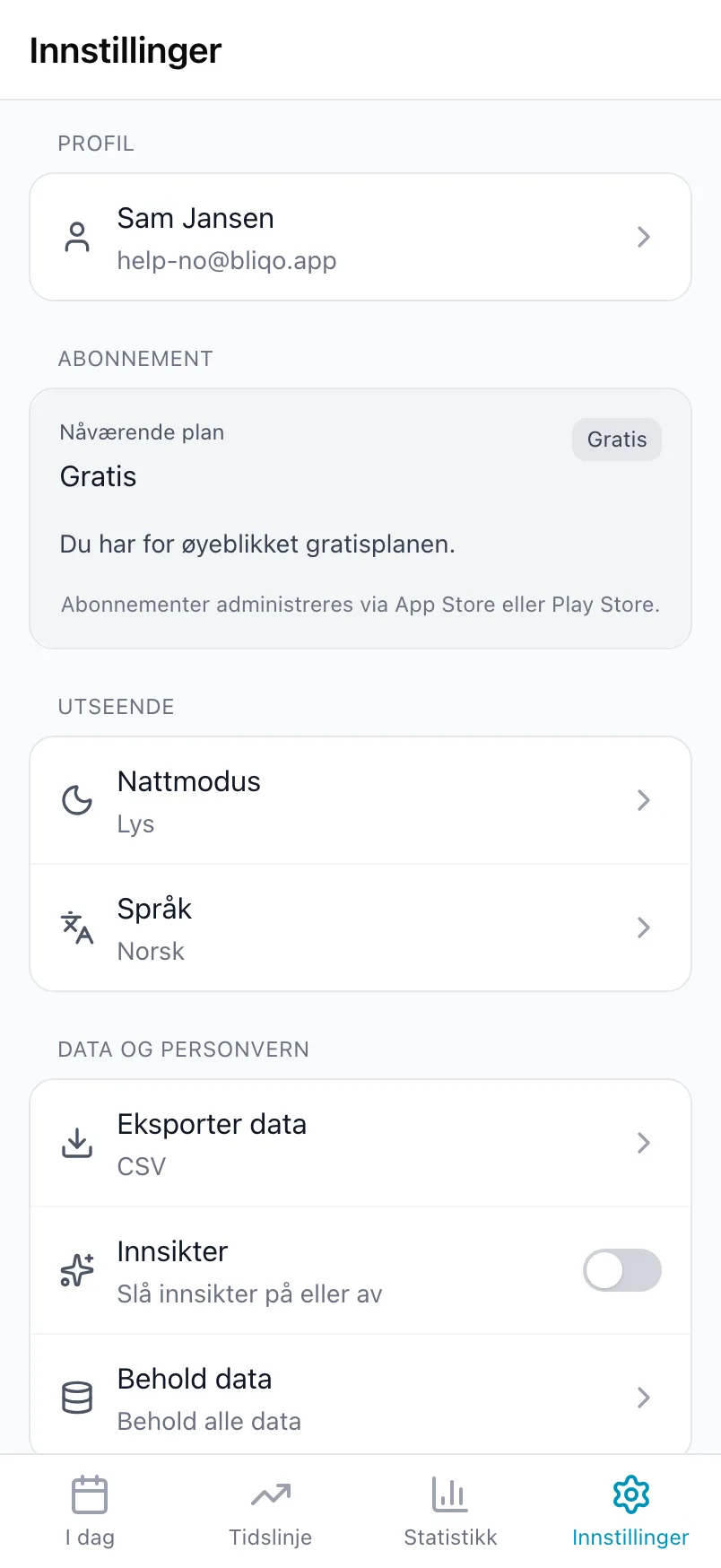 Innstillinger i Loggr med kortet Abonnement, som viser den nåværende planen