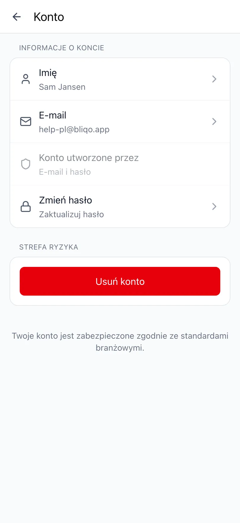 Ekran Konto w Loggr z informacjami o koncie i Strefą ryzyka