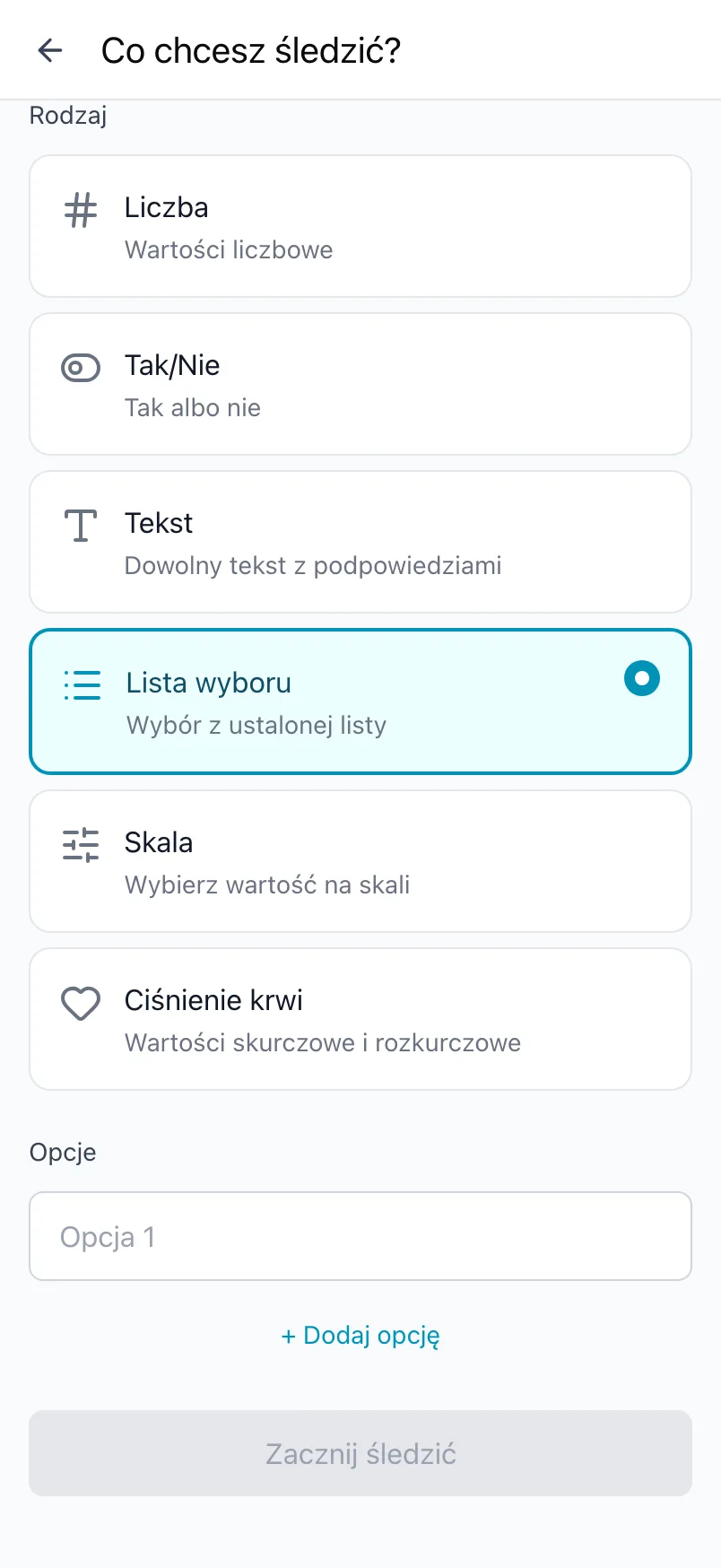Co chcesz śledzić? z wybranym rodzajem Lista wyboru i listą opcji