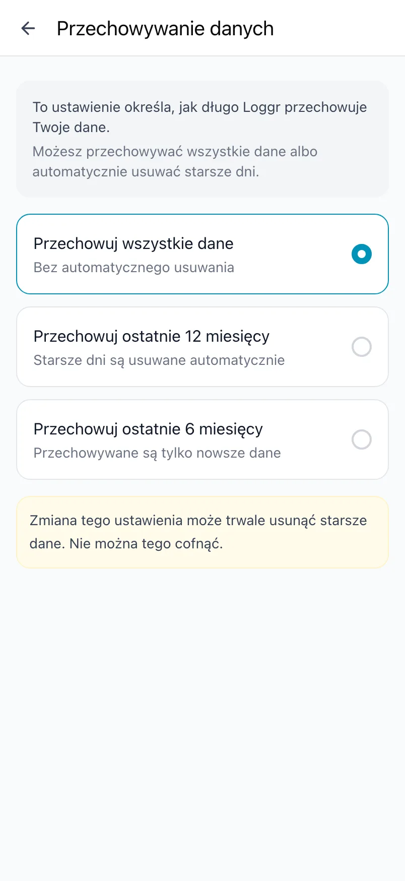 Przechowywanie danych, z opcjami Przechowuj wszystkie dane, Przechowuj ostatnie 12 miesięcy i Przechowuj ostatnie 6 miesięcy